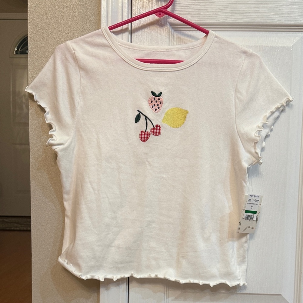 White Lettuce Trim Top with Fruit Embroidery